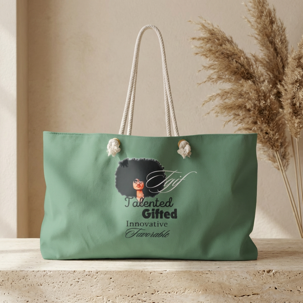 Weekender Bag Empowered Afro Woman 'Talented.Gifted.Innovative.Favorable' Sage Green Travel Tote