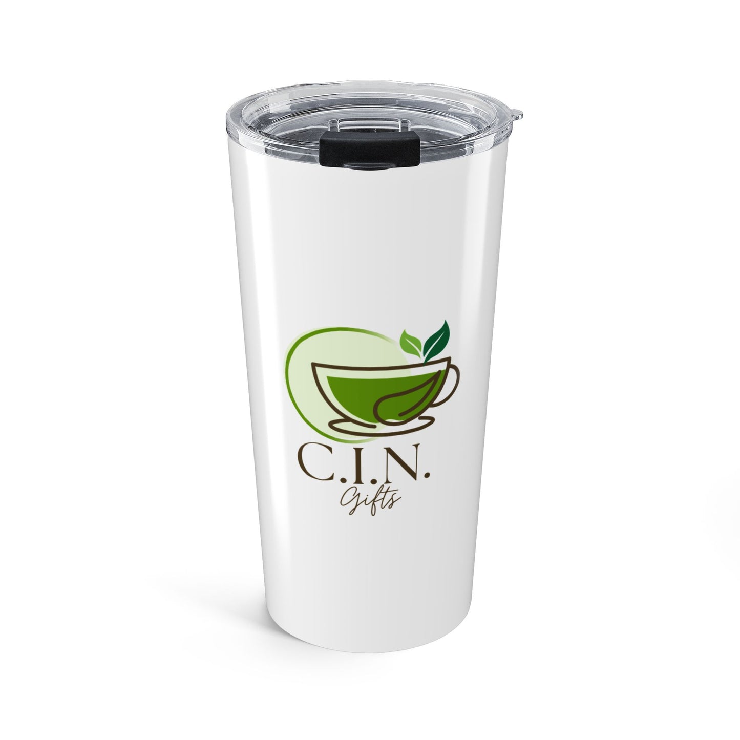 C.I.N. Gifts brand tea logo white tumbler with a white background