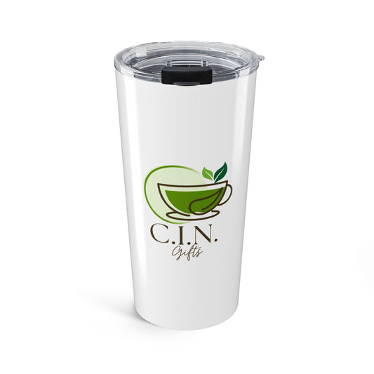 C.I.N. Gifts brand tea logo white tumbler with a white background