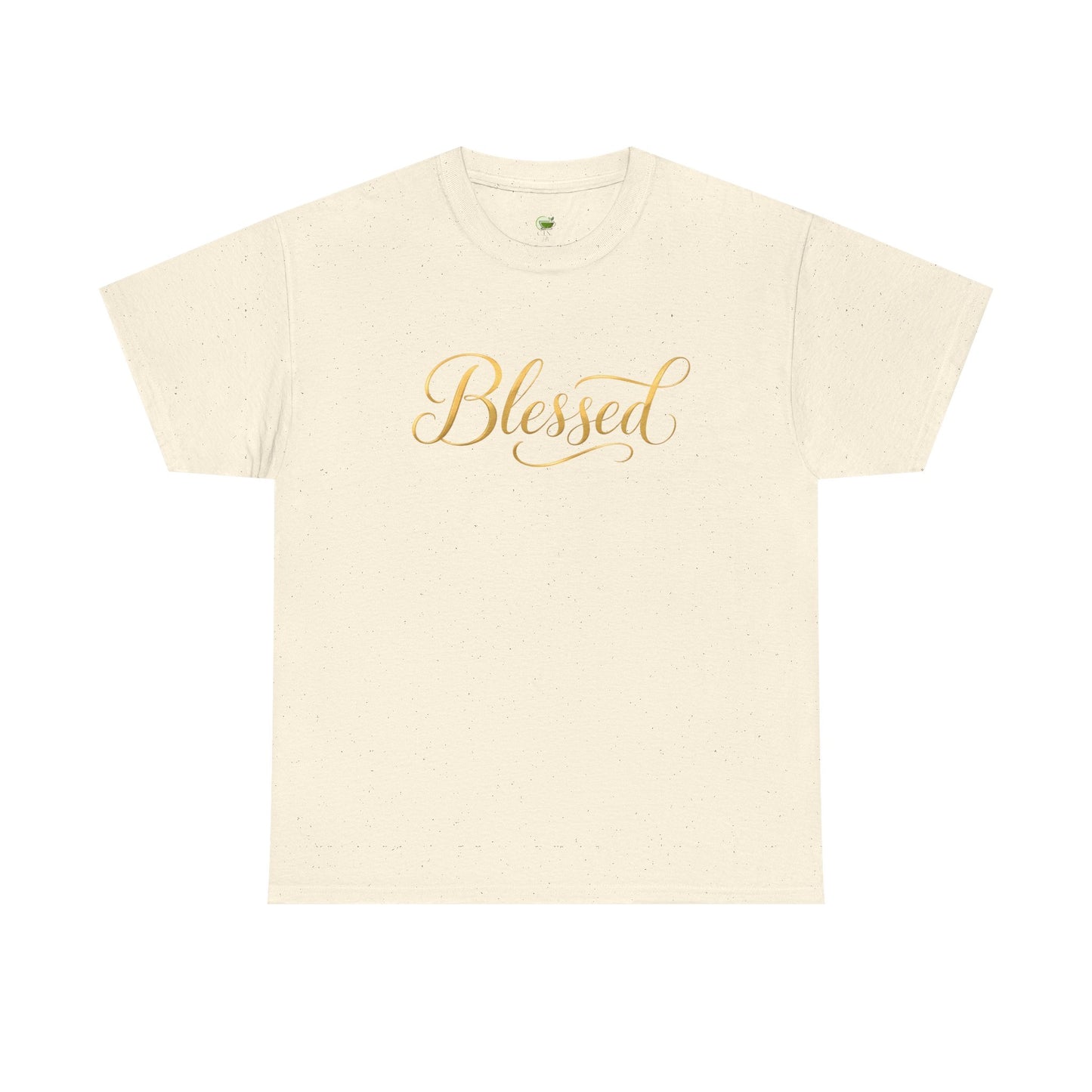 Beige t-shirt with 'Blessed' text in gold on a white background