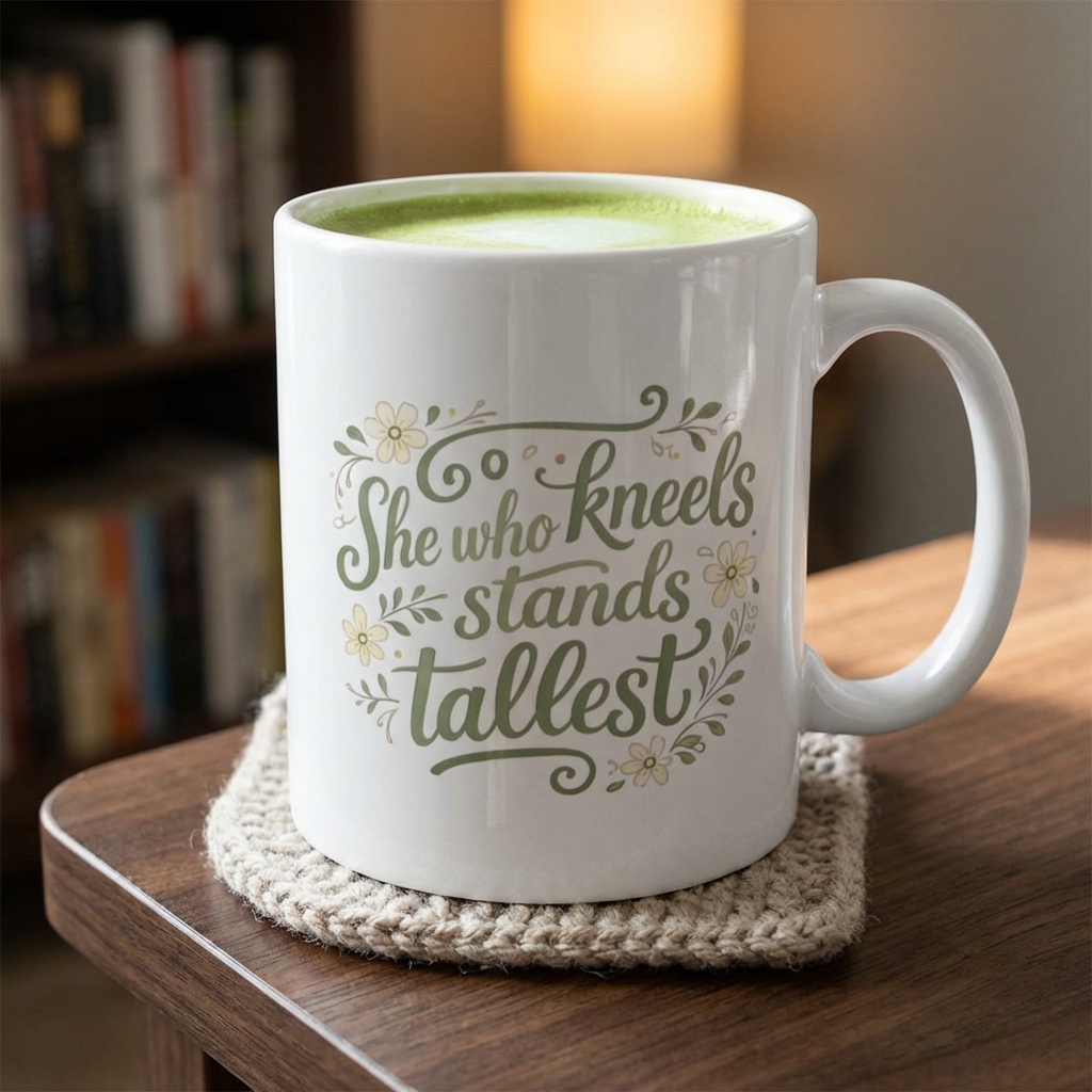 White mug with motivational quote on a wooden table with a blurred bookshelf background