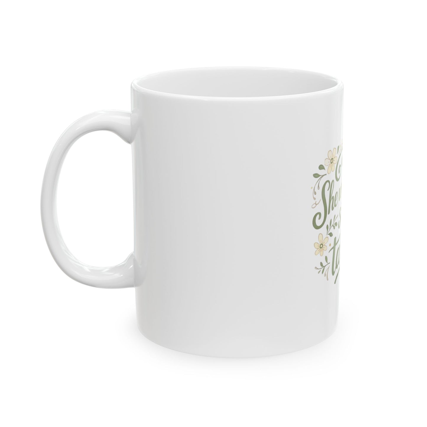 White mug with a decorative design on a white background
