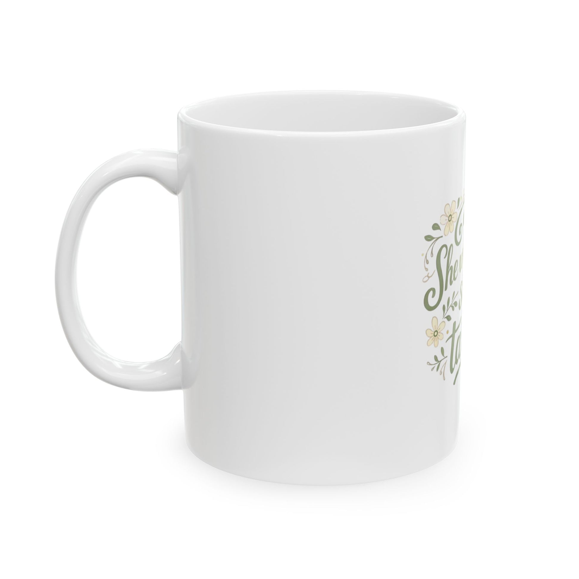 White mug with a decorative design on a white background